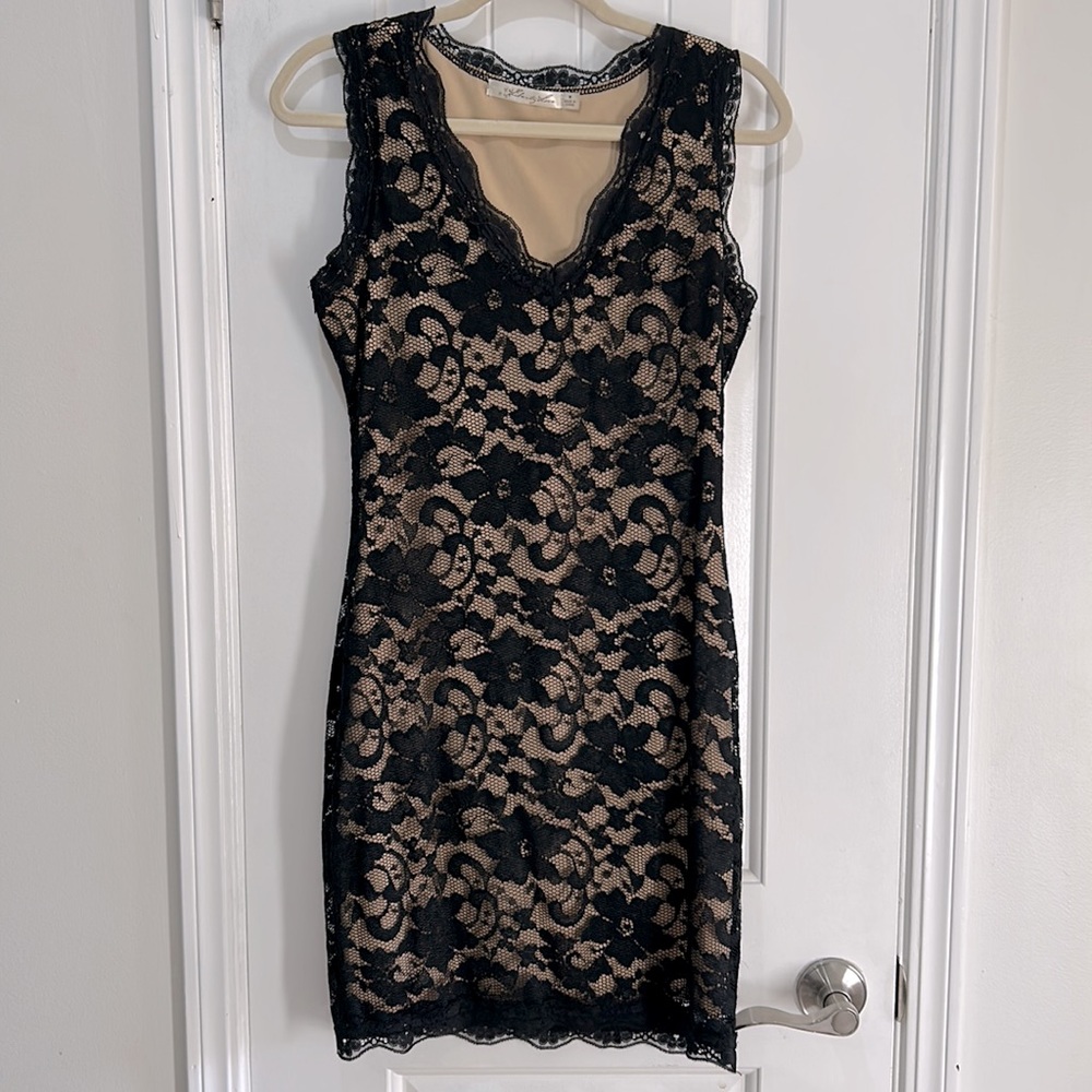 Liberty Love Black Lace Over Nude Mini Dress